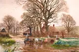 British, A figure on a horse and cart crossing a stream with buildings beyond by Henry Charles Fox, watercolour, sold Apr 2021