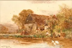 British, figures fishing in a river with a barn beyond by Walter Stuart Lloyd, watercolour, offered Apr 2021