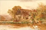 British, figures fishing in a river with a barn beyond by Walter Stuart Lloyd, watercolour, offered Apr 2021