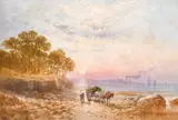 British, A scene of a figure and a horse and cart making his way down a coastal path with boats and a town beyond by William Cook, watercolour, offered Apr 2021