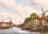 Dutch, A Dutch Port scene with moored boats and buildings by Jan Van Couver, watercolour, sold Apr 2021