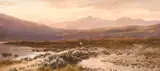 British, A figure and his dog crossing a moorland river by Ebenezer Alfred Warmington, watercolour, sold Apr 2021
