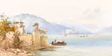 Italian, figures at a coastal villa with sailboats on the lake beyond by Frank Catano, watercolour, offered Apr 2021