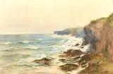 British, a coastal scene with choppy waters crashing against the shoreline by Thomas Swift Hutton, watercolour, sold Apr 2021
