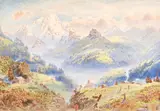 British, Wayfarers conversing by fields in an Alpine landscape by Charles Jones Way, watercolour, offered Apr 2021