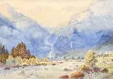 British, An Alpine view with snow-capped mountains and a raging torrent in the foreground by Charles Jones Way, watercolour, offered Apr 2021