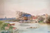 British, A view across a river with buildings and a church beyond by Henry Charles Fox, watercolour, offered Apr 2021