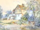 British, A country cottage with ducks on a river by Charles James Adams, watercolour, sold Apr 2021