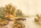 British, Boats moored in a river landscape with a bankside cottage by John Steeple, watercolour, sold Apr 2021