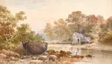 British, Scene of a beached boat by a river with figures and a cottage beyond by William Cook Of Plymouth, watercolour, sold Apr 2021