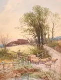 British, A shepherd and his flock by a pond by Thomas Rowden, watercolour, offered Apr 2021