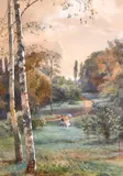Swedish, Children walking in Parkland by silver birch trees by Regina Kylberg-Bobeck, watercolour, sold Apr 2021