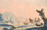 British, two figures escorting their flock along a riverside path with a town beyond by Peter la Cave, watercolour, offered Apr 2021