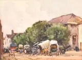 British, A street scene with wagons stationed at a market square with figures by F. Lawson, watercolour, sold Apr 2021