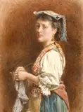 British, A study of a young lady Knitting by George Goodwin Kilburne, watercolour, sold Apr 2021
