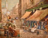 A Venetian Market' and another similar, a pair of continental street scenes by James W. Milliken, watercolour, offered Apr 2021