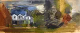 Delafores' A country house surrounded by trees and hills by Timothy Gibbs, watercolour and gouache, sold Apr 2021