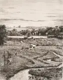 Alresford pond by Heywood Sumner, etching, sold Apr 2021