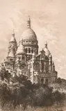 An etching of a view of Basilique du Sacre Coeur, Montmartre by Lucien Gautier, etching, sold Apr 2021