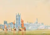British, The Houses of parliament with barges in the foreground by N. Mackie, watercolour, sold Mar 2021