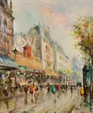 A busy Parisian street scene featuring the Moulin Rouge Theatre by Joseph Giordano, oil on canvas, sold Mar 2021
