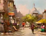 Dutch, figures on a busy continental street, with a cathedral beyond by Harry Koolen, oil on canvas, sold Mar 2021