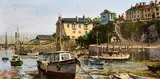 Brixham Harbour, moored boats with figures on a quay by William 'Bill' Stockman, oil on board, sold Mar 2021