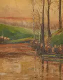 A lakeside view at dusk with reflections in the water by R. L. Baker, oil on canvas, offered Mar 2021