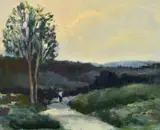 British, Figures on a pathway at dusk by H. E. Lewis, oil on panel, sold Mar 2021