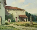 Farmhouse, Sussex by H. E. Lewis, oil on panel, sold Mar 2021