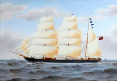 The sailing barque 'Snowdrop', owners J. D. Telford, at sea under full sail, other shipping and cliffs in the distance by Harold Percival, sold Mar 2012