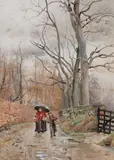 Mother and child on a wooded country lane by Thomas Bushby, sold Mar 2012