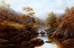 'On the Wharfe, Yorkshire', and 'Autumn on the Lledr, North Wales', a pair by William Mellor, one signed 'William Mellor' (lower right); one signed 'William Mellor' (lower left); both inscribed verso oil on canvas, sold Mar 2012