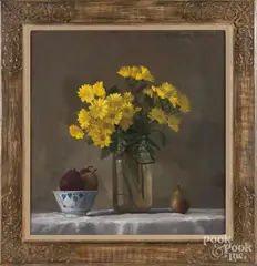 of chrysanthemums by Margaret Toner-Watson, oil on canvas, offered Dec 2017