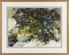 of rocks and flowers by Jane Carlson, watercolor, offered Dec 2017