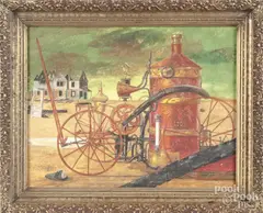of a nineteenth century fire pumper by Homer Hill, acrylic on artist board, offered Dec 2017