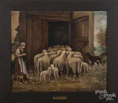 of a woman with sheep by Marion Dyer, oil on canvas, sold Dec 2017