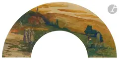 Paysage breton à la fontaine by Louis Roy, 1901, Aquarelle en forme d'éventail, sold Mar 2023