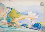 Bord de mer en Méditerranée by Henri-Edmond Cross, Aquarelle sur traits de crayon, sold Mar 2023