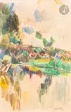 Paysage aux toits rouges by Jean Dufy, Aquarelle, sold Mar 2023