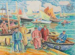 Marins dans le port de Douarnenez by Pierre Belay, 1946, Gouache, sold Mar 2023