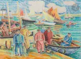 Marins dans le port de Douarnenez by Pierre Belay, 1946, Gouache, sold Mar 2023