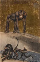 Trois singes by André Margat, 1932, Encre, fusain, sanguine sur papier argenté et doré, sold Mar 2023