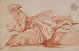 Gentilhomme couché sur un tertre by Jacques Philippe Le bas, Sanguine sur parchemin, sold Mar 2023
