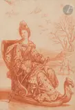 Élégante en traîneau sur la glace by Robert Bonnart, Sanguine et lavis de sanguine, sold Mar 2023