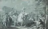 Alexandre et Diogène by Louis Jean-Jacques Durameau, 1767, Pierre noire, plume et encre de Chine, lavis gris et rehauts de gouache blanche sur deux f, sold Mar 2023