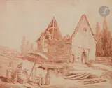 Dessinatrice devant une chapelle en ruine by Hubert Robert, Sanguine, sold Mar 2023