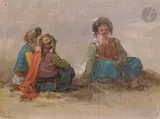 Deux études d’orientaux sur un même montage by Jean Baptiste Hilaire, Huile sur papier sur traits de crayon noir, sold Mar 2023