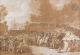 La Charge du prince de Lambesc dans le jardin des Tuileries, le 12 juillet 1789 by Charles Thévenin, Plume, encre noire, lavis brun, crayon noir et rehauts de gouache blanche sur papier beige, sold Mar 2023