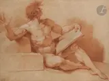 Homme assis tenant un livre, étude pour un saint Jérôme by François-André Vincent, vers 1776, Sanguine et rehauts de craies blanche sur papier beige, sold Mar 2023